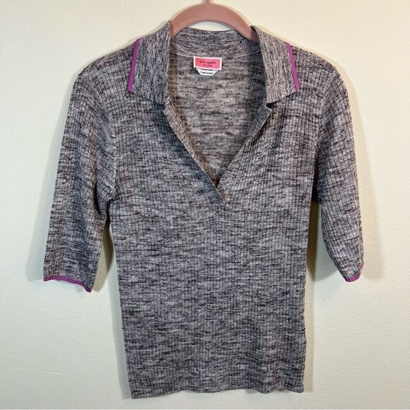 ✨ Kate Spade Women’s Gray Collared Linen-Blend Short Sleeve Sweater Top Small - Picture 1 of 11